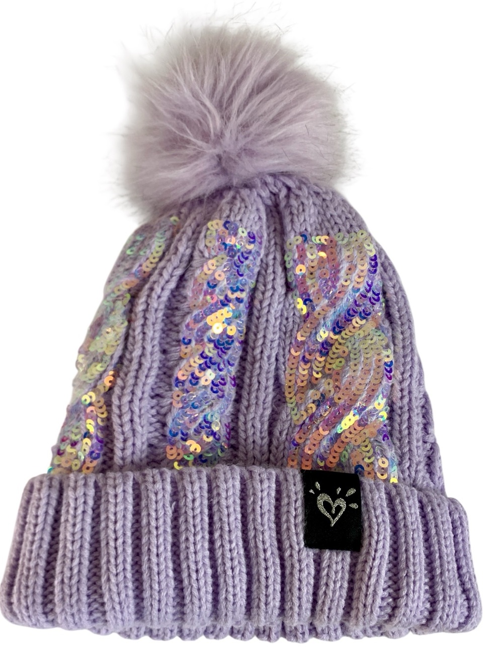 Justice Girls Purple Sequin Ribbed Beanie w/faux fur Hat Toboggan
